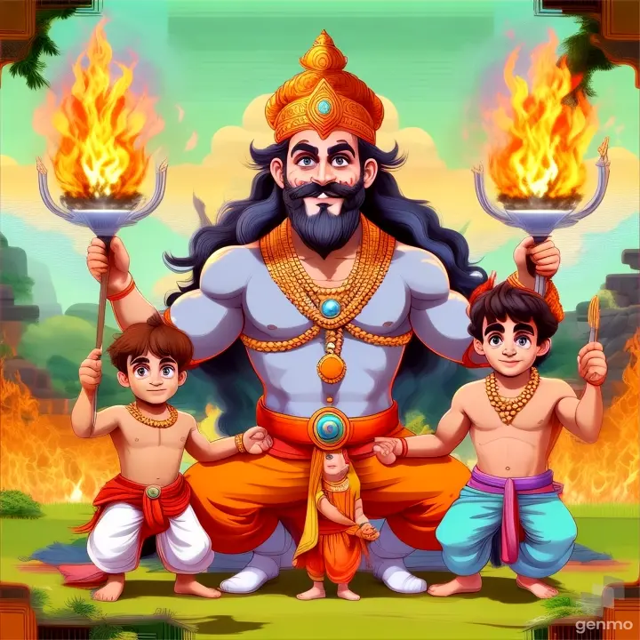 a man with two children standing in front of a fire