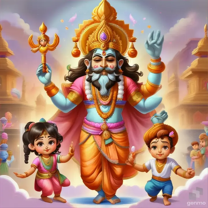 a painting of a hindu god surrounded by children