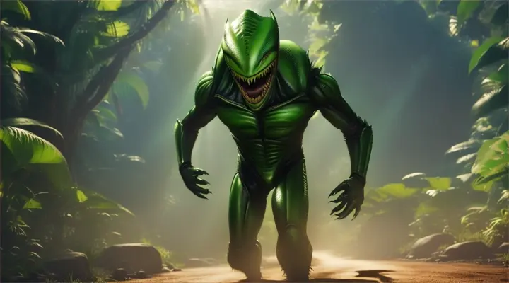 green alien with menacing teeth mouth opening running, then jumping toward the viewer trying to reach out his hands in front of the alien trying to catch the viewer in a jungle coming real close to the screen