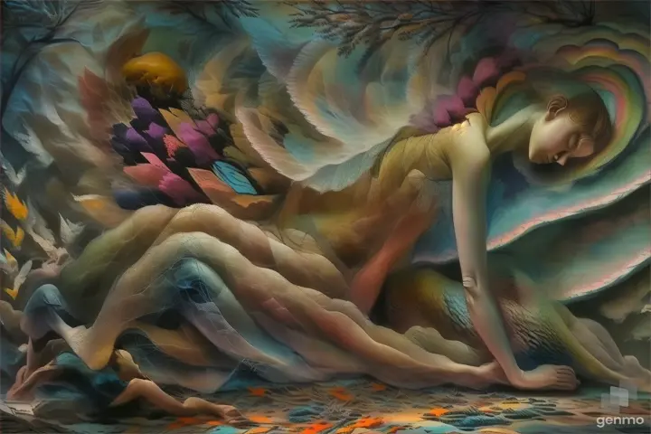 a painting of a woman laying on the ground