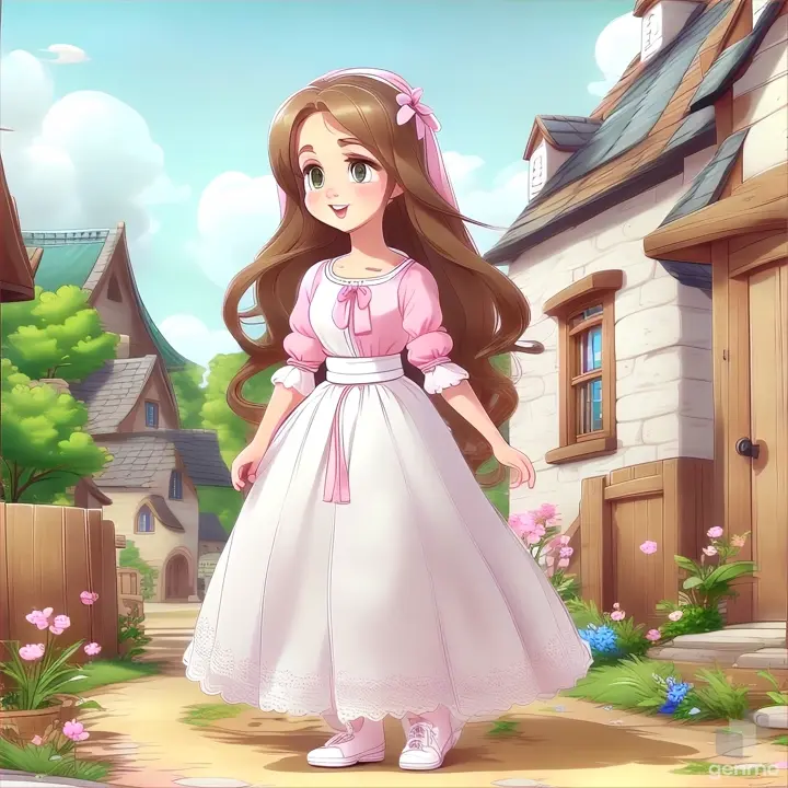 abeautiful girl wearing long white  skirt,pink blouse  long hair smiling  standing , white shoes  animation cartoon in village 