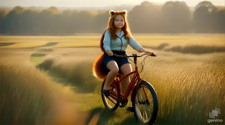 girl ridding bike with red panda on her back, Tall grass feilds