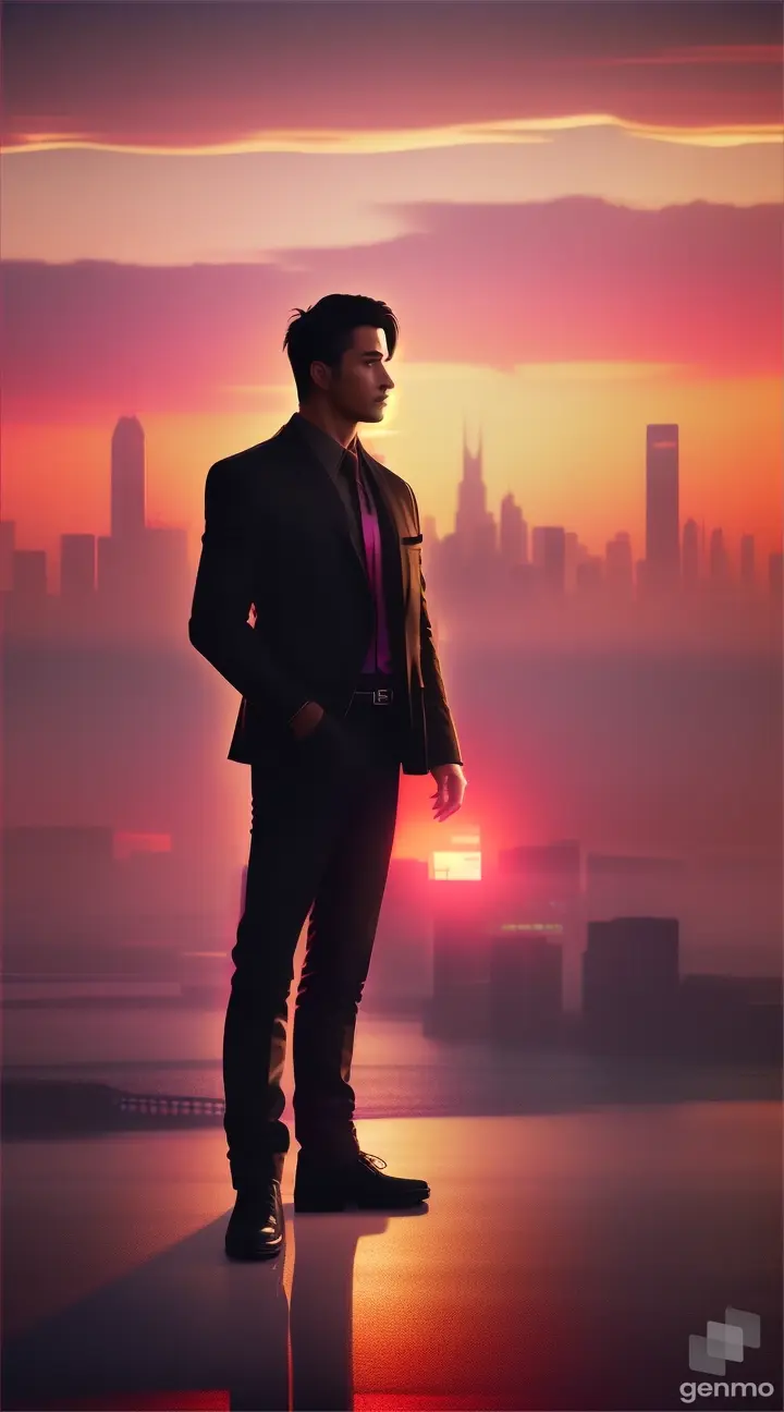 Handsome man with attitude silhouetted against a surreal sunset over a city skyline