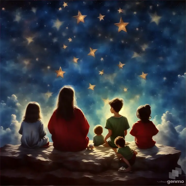 three children sitting on a rock looking at the stars