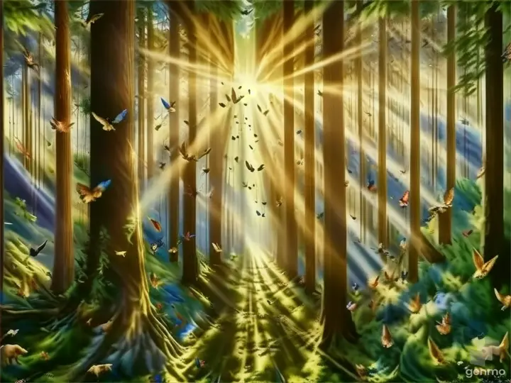 a painting of a forest filled with animals