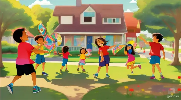 Chorus: Children of various ethnicities play outside. A fan whirls in the background, blowing cool air.cartoon kids enjoy