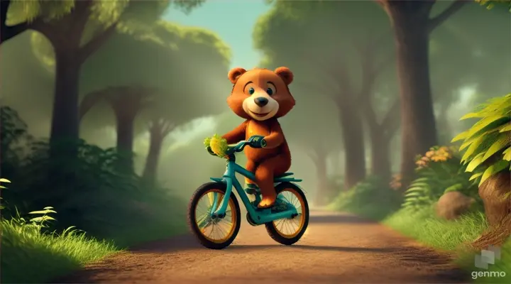 a 3d cartoon baby bear bike riding  in jungle 