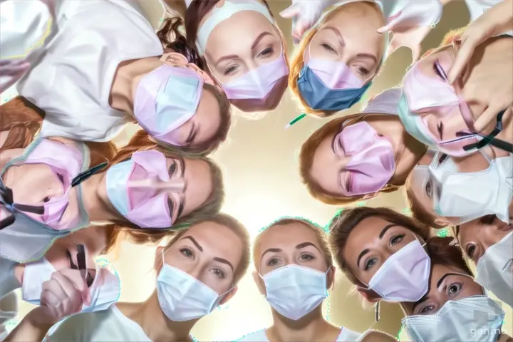 a group of people with surgical masks on