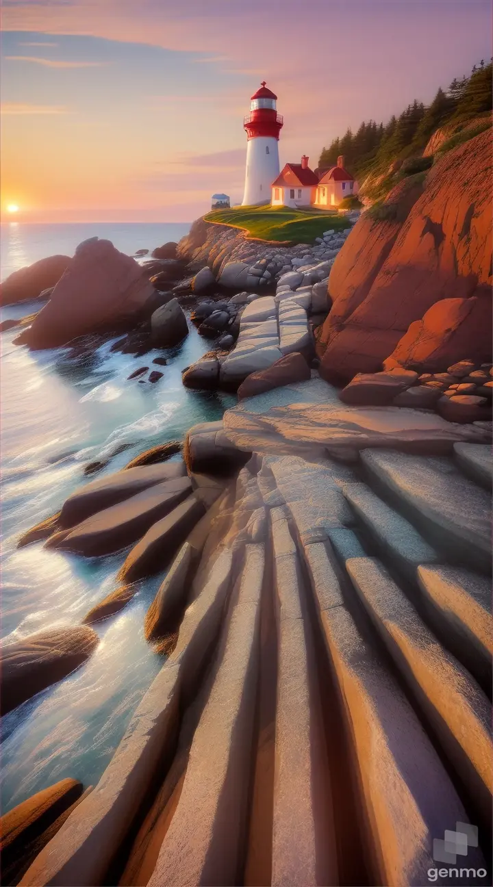 a lighthouse on a rocky shore at sunset