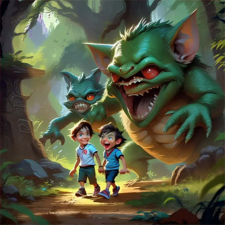 a boy and a gremlin in a forest