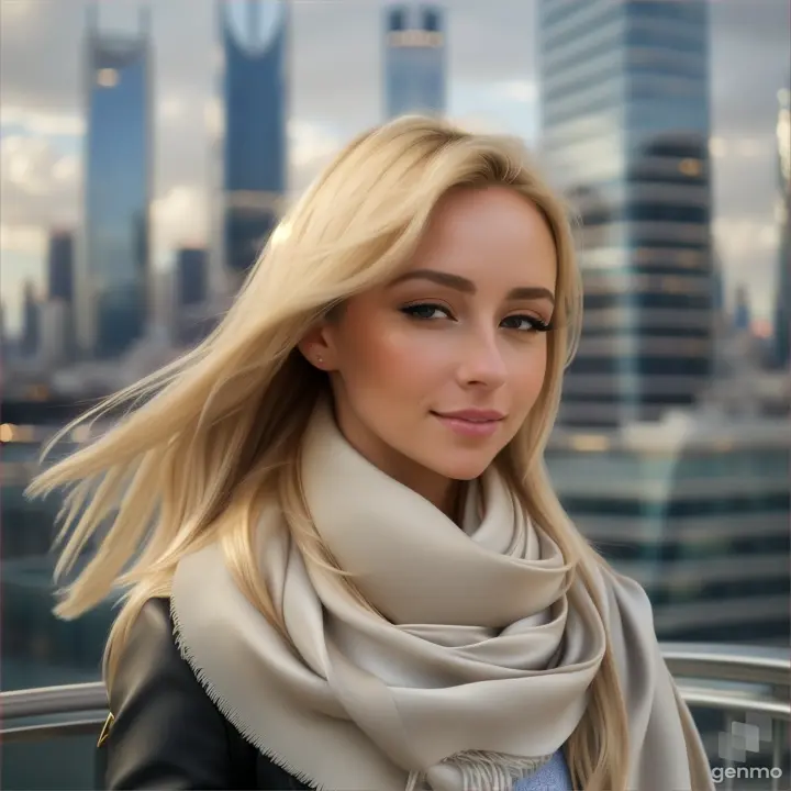 lively natural European girl opens/closes her eyes, her blonde hair fluttering in the wind and a silky scarf, a high-tech cityscape with skyscrapers is visible on the horizon