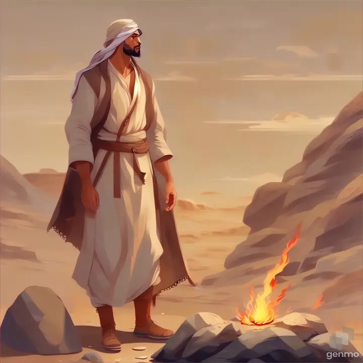 a man standing in front of a fire in the desert