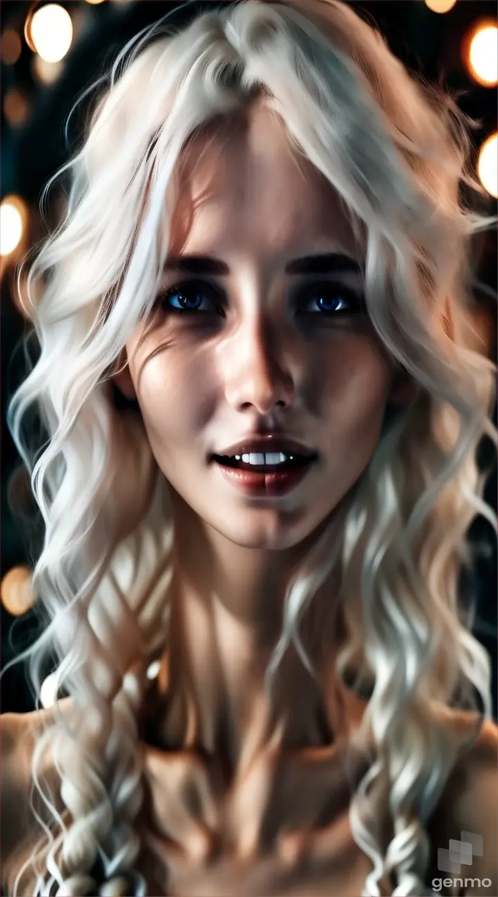  slim, beautiful girl with long,white tangled hair, face full of melancholy, close- up on eyes, night, dim, a dark room suffused with thick blue fog
