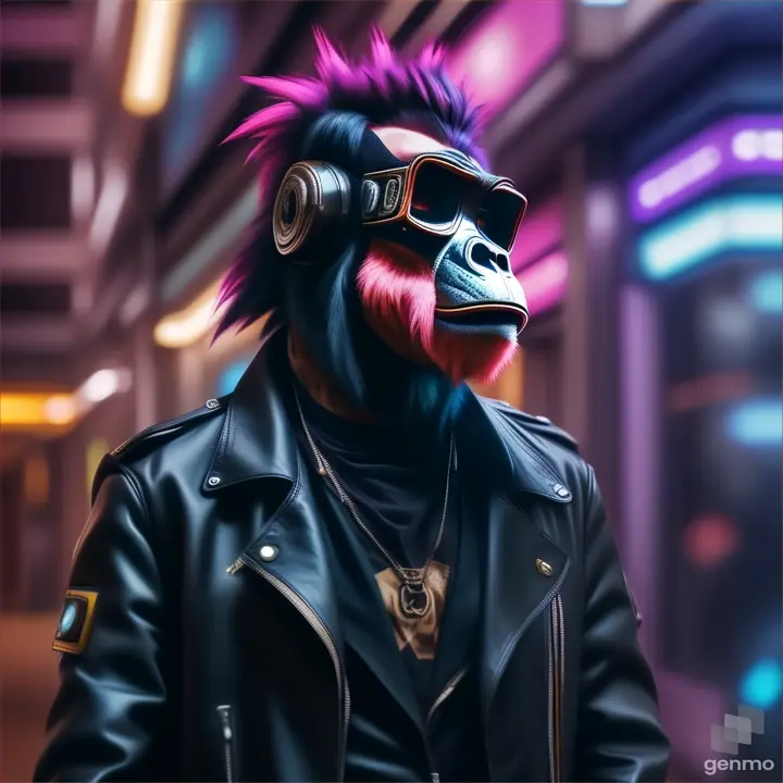 a photo of a cyberpunk wearing an ape mask and dressed like a punk rock star