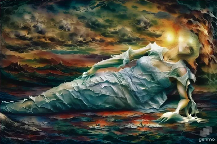 a painting of a person laying on a body of water