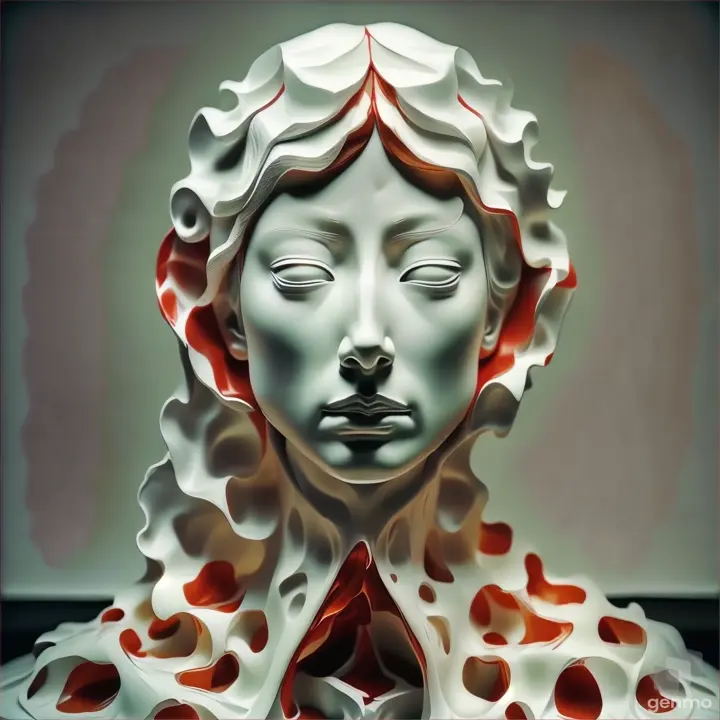 a white and red sculpture of a woman's head