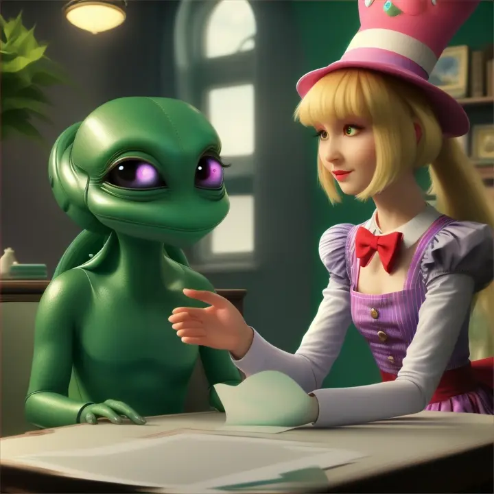 “Make a realistic video: a realistic green Duolingo talking to a cute alien in an alien language and real girl and Alice in Wonderland 