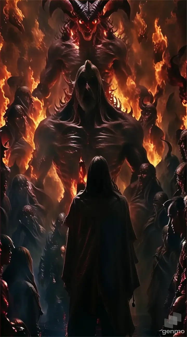 a man standing in front of a large demon