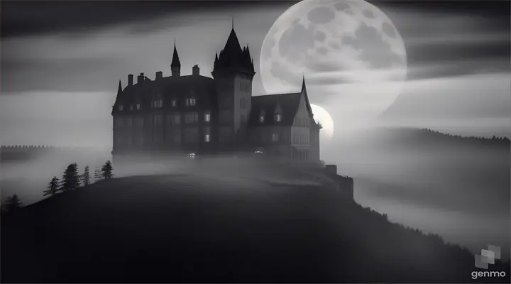 The ominous Grand Oak Hotel surrounded by eerie, misty hills under a full moon