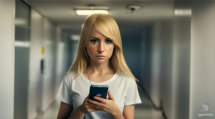 A scared 30 year old blonde woman, wearing a white t-shirt, she is writing on her cell phone, she is in an empty school hallway, realistic