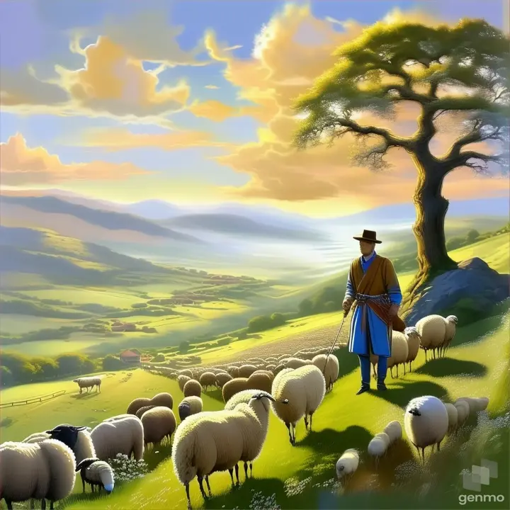 a painting of a man leading a flock of sheep