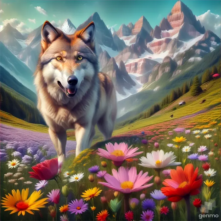 a shocking wolf in a field of flowers with mountains in the background