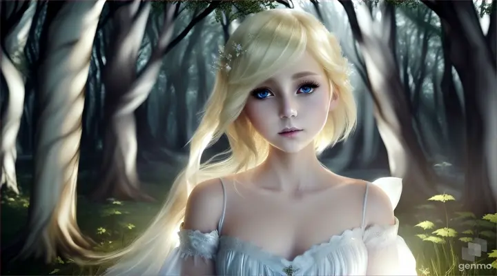 A girl with short blonde hair in a white dress exorcises darkness with magical power, 16:9