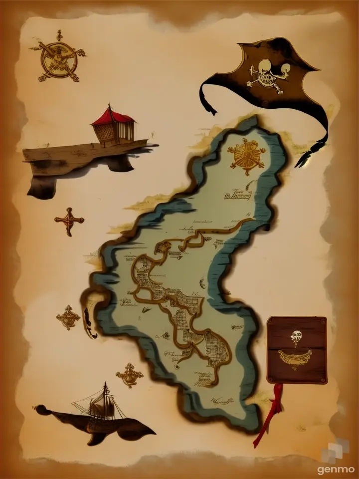 An old  pirate treasure map, a treasure chest marks the spot of the treasure