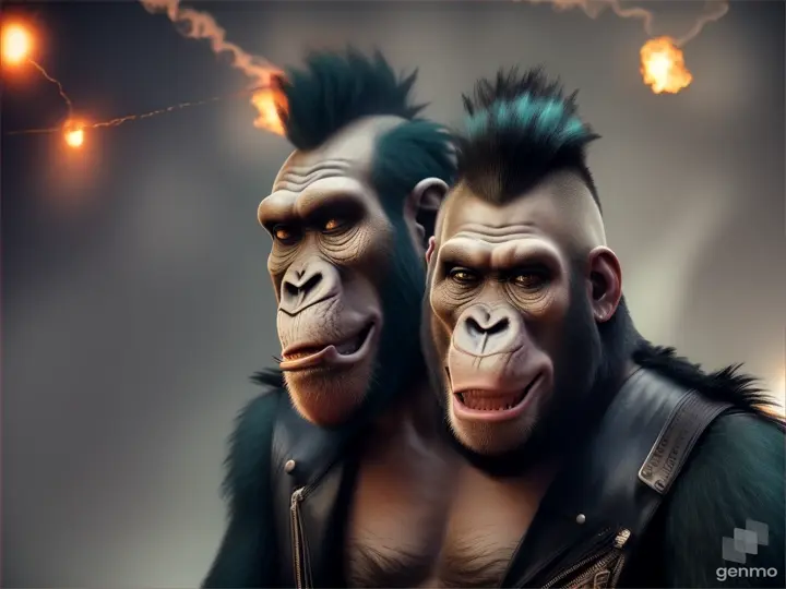 a photo of a laughing ape dressed like a punk rock star. mohawk haircut. in front of smoke