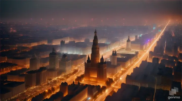 Moscow buildings explode, bit by bit. Wide Aerial nighttime shot. Hyperealistic 4K high definition sharp focus, wide composition, soft lighting, wide-angle lens, natural colors, -neg blurry, ugly, smiling, deformed, misshapen, bad anatomy, deformed body, distorted, morphing, erratic fluctuation in motion”