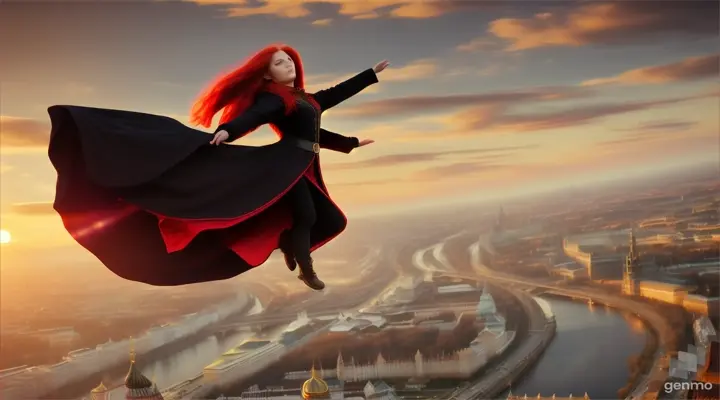 A redheaded witch with a black Altai-style cloak levitating or hovering in the air above Moscow. Wide Aerial sunset-time shot. Hyperealistic 4K high definition sharp focus, wide composition, soft lighting, wide-angle lens, natural colors, -neg blurry, ugly, smiling, deformed, misshapen, bad anatomy, deformed body, distorted, morphing, erratic fluctuation in motion”