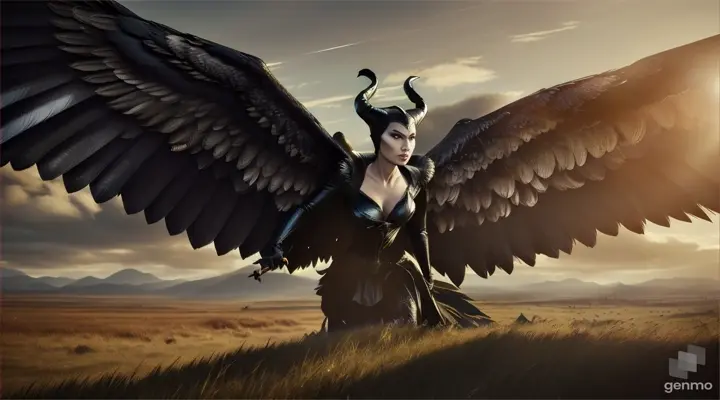 A cinematic view of Maleficent darting through an open field in the air with her giant eagle wings as she evades incoming projectiles