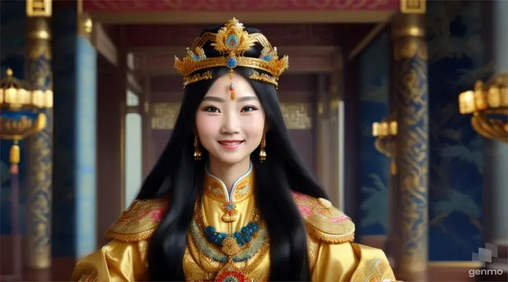 The image shows a character with a blurred face. Surrounded by the environment of the Chinese Dynasty Hall, the character is a beautiful female emperor, smiling happily. The head of the person in the picture was covered. There is a crown-like ornament on the head that looks luxuriously decorated. It had a luxuriously decorated appearance, with long flowing hair, large blue eyes, a slight smile, and wearing exquisite gold jewelry. horizontal im