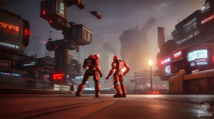 two red rusty robots dancing in a desolated cityscape, cinematic, photorealistic