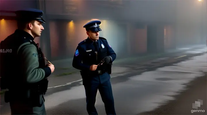 british policemen standing outside a deserted building smoking cigarettes, medium shot, photo realistic, graffiti covered walls,