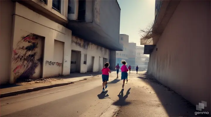 youths running past a deserted building, medium shot, photo realistic, graffiti covered walls, litter, debris,