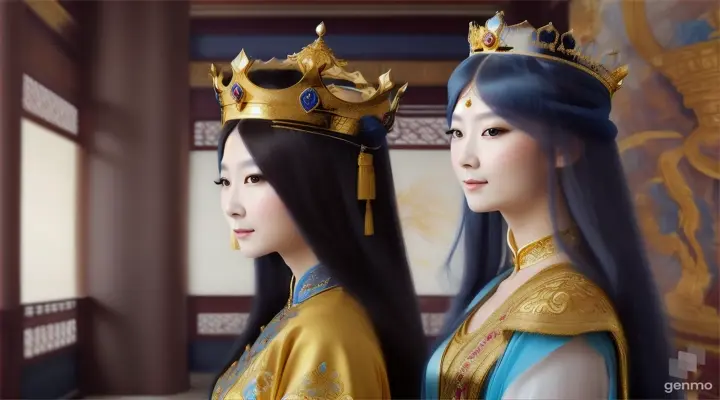 The image shows a character with a blurred face. Surrounded by the environment of the Chinese Dynasty Hall, the character is a beautiful female emperor, smiling happily. The head of the person in the picture was covered. There is a crown-like ornament on the head that looks luxuriously decorated. It had a luxuriously decorated appearance, with long flowing hair, large blue eyes, a slight smile, and wearing exquisite gold jewelry. horizontal image