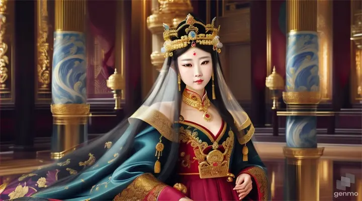 The image shows a character with a blurred face. Surrounded by the environment of the Chinese Dynasty Hall, the character is a beautiful female emperor, smiling happily. The head of the person in the picture was covered. There is a crown-like ornament on the head that looks luxuriously decorated. It had a luxuriously decorated appearance, with long flowing hair, large blue eyes, a slight smile, and wearing exquisite gold jewelry. horizontal image