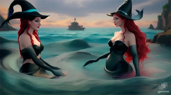 make an animated video of a mermaid witch wearing black hat and black hair ,who lives in a sea . create a scene where the witch is talking to Ariel, another mermaid with red hair