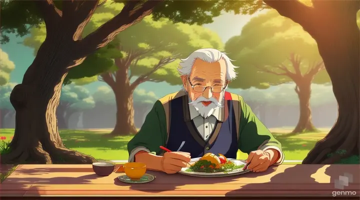 an animated  old man of 70 years are sitting under a tree and having food. 
