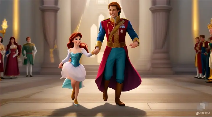 make an animated video of : the prince wearing royal clothes ,came running towards Ariel, a look of realization and joy on his face.