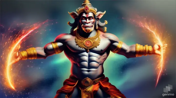 Hanuman surrounded by cosmic energy, holding thunderbolts in one hand and the air in the other