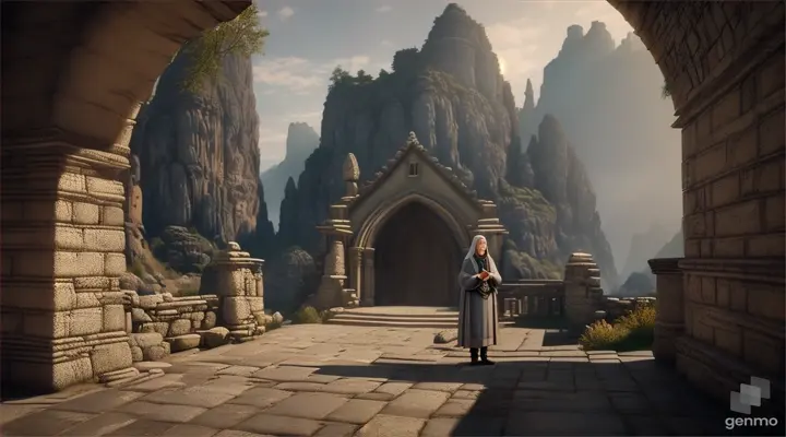 3d Animation, personality: [Show the woman standing at the entrance of the monastery, looking up at the old man with a mix of curiosity and hope. The old man is framed by the doorway, mysterious and wise, setting the tone for their conversation]unreal engine, hyper real --q 2 --v 5.2 --ar 16:9