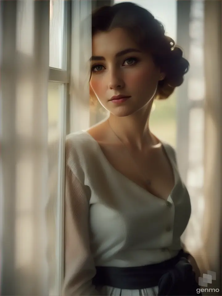 Woman standing near window and see outside view