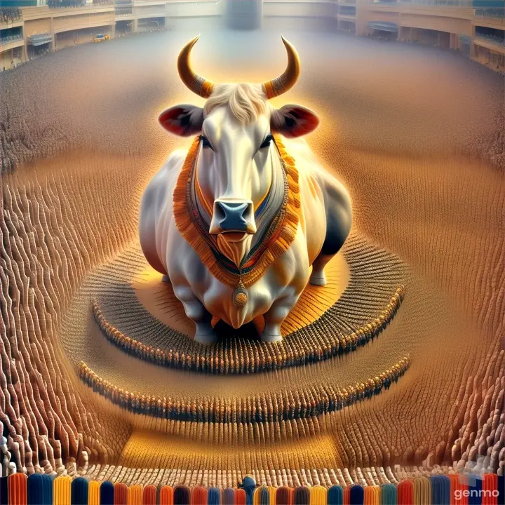 A bull surrounded by a crowd, with the shapes of the people merging into abstract, colorful forms