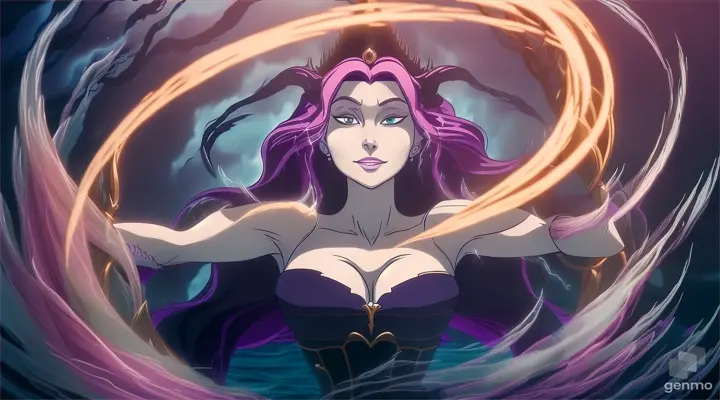 make an animated video of :Ursula, a witch unleashed a torrent of magical power, engulfing Ariel and the prince in a swirling vortex of waves and lightning. Ariel struggled against the powerful current, but she was no match for Ursula's dark magic.