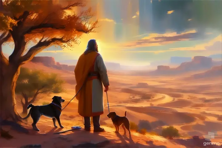 a painting of a man and a dog in the desert