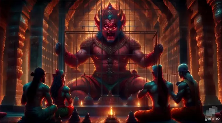 red demon in tample cage cage ,And two sages are watching him realistic image  india
