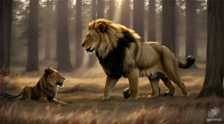 Create a dramatic scene depicting the confrontation between the lion and the wolf.