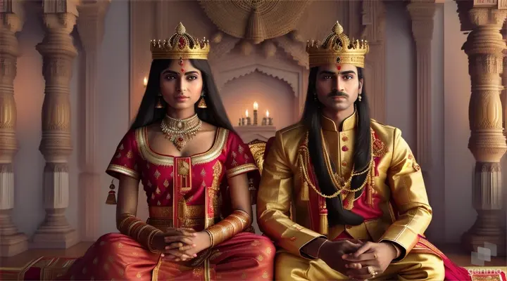 Sad King and Queen in palace in indian style 